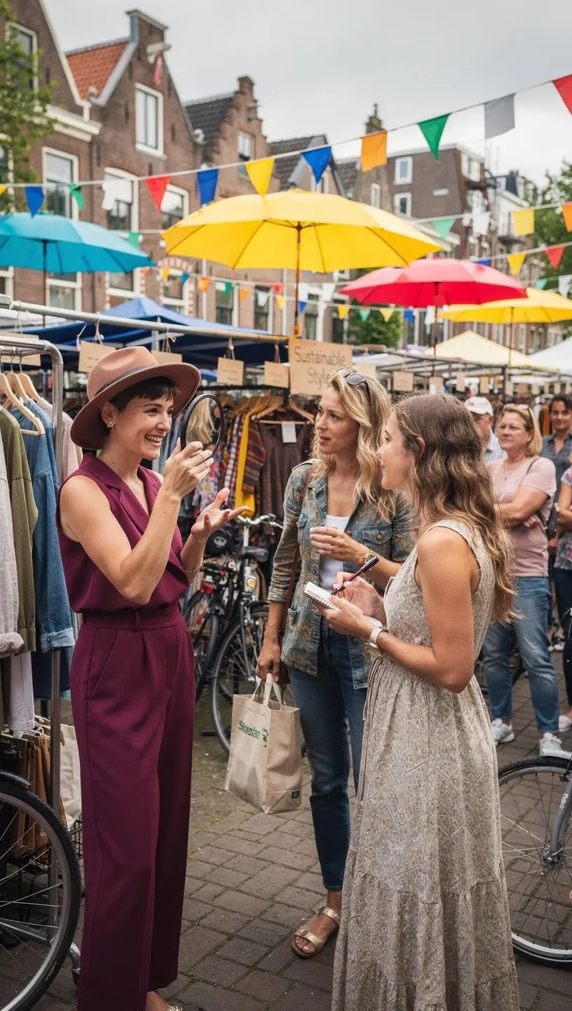 Een groep vrienden poseert vrolijk voor een designer winkel tijdens hun shopping avontuur.